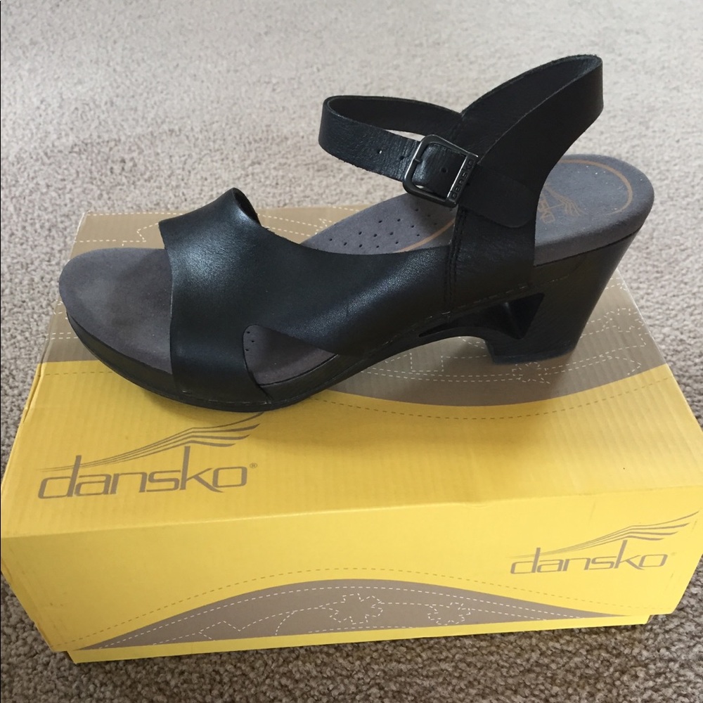 Dansko Black Leather Wedge Sandals